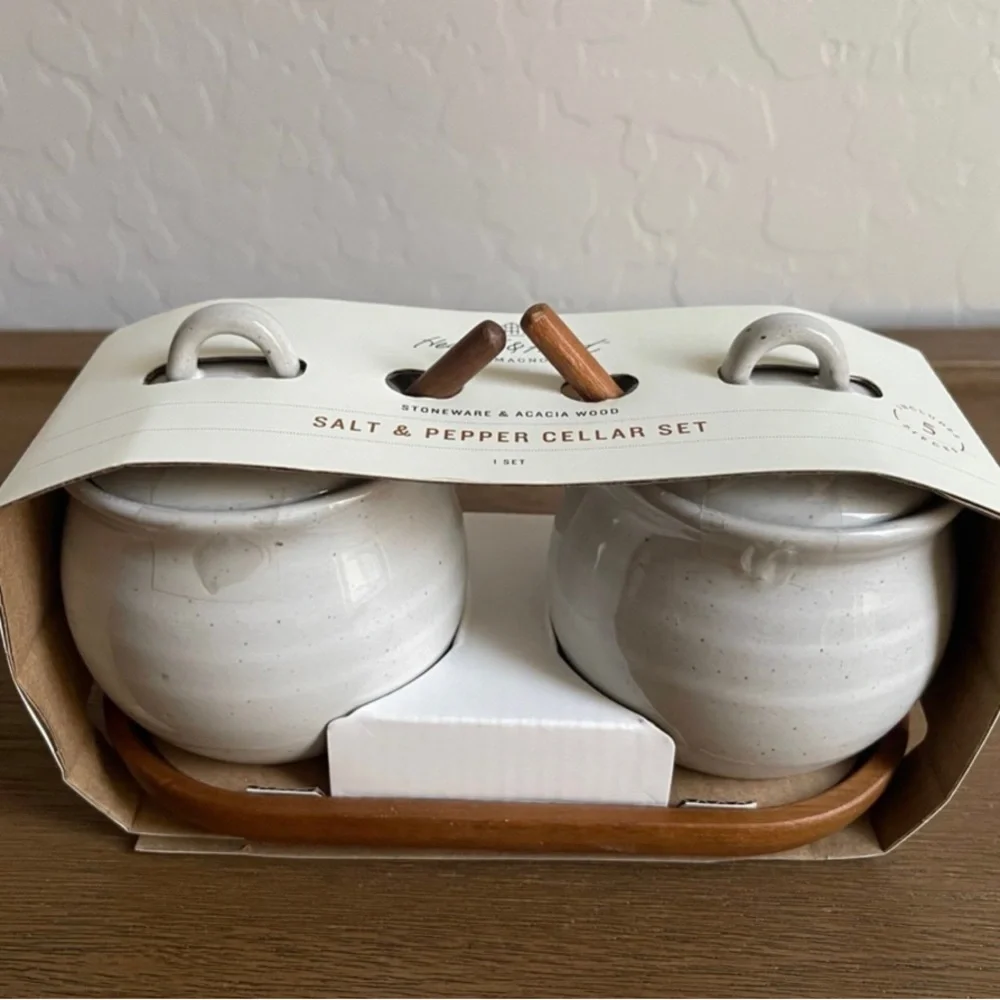 5pc Flared Brim Stoneware Salt & Pepper Cellar Set Vintage Cream - Hearth & Hand